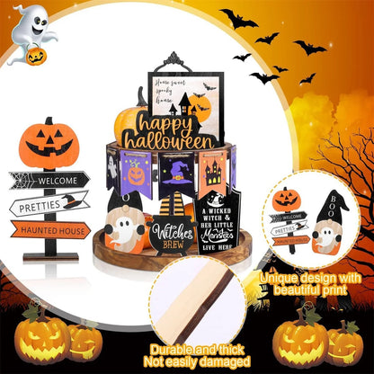 Spooky Halloween Tiered Tray Decor Set with Wooden Pumpkin and Bat Table Signs for Festive Home Party Table Display