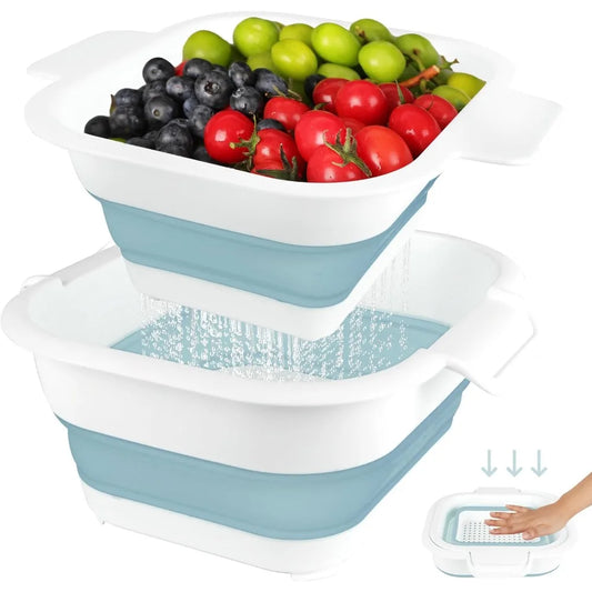 Collapsible Colander Set with Strainer Bowl, 2 in 1 Fruit Washing Basket with Strainer, 5 + 3 QT Plastic Colanders for Kitchen,
