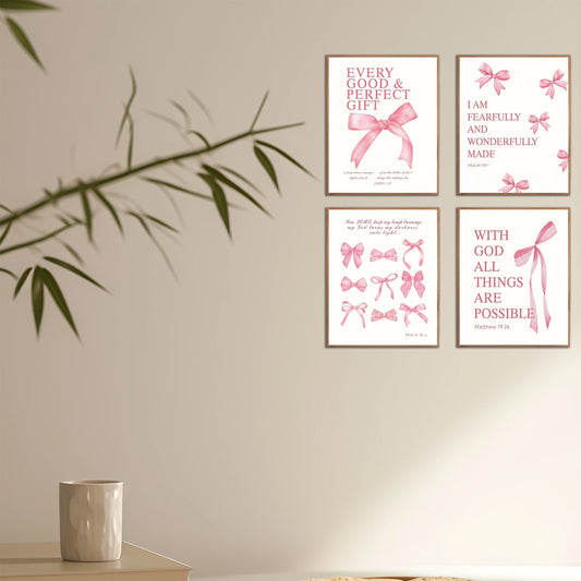 Set of 4 Elegant Bowknot Wall Art Pieces with Inspirational Quotes - Frameless Decor for Living Room Bedroom or Nursery
