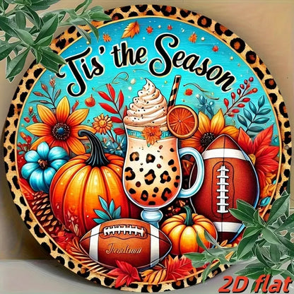 "Autumn Leopard Print Football Pumpkin Aluminum Sign – Wall Hanging Decor & Festive Wreath Accent | Perfect for Home Decor"