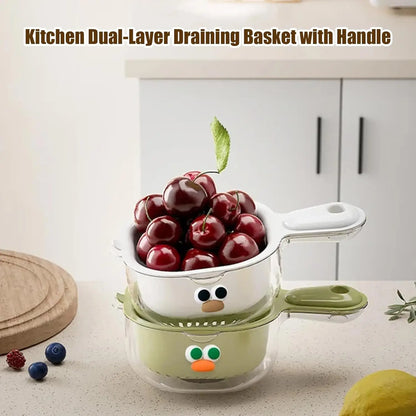 Kitchen Dual-Layer Draining Basket with Handle, Fruits and Vegetables Washing Draining Basket, Portable Multipurpose Draining Ba