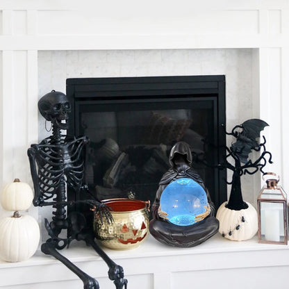 Halloween Gothic Reaper Crystal Ball Grim Reaper Statue with Floating Bats Scary Magical Glowing Balls Home Atmosphere Decor