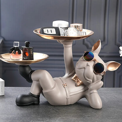 Resin Dog Statue Decor Creative Cute with 2 Tray French Bulldog Sculpture Birthday Gifts Bottom Anti-slip for Home Office Wallet