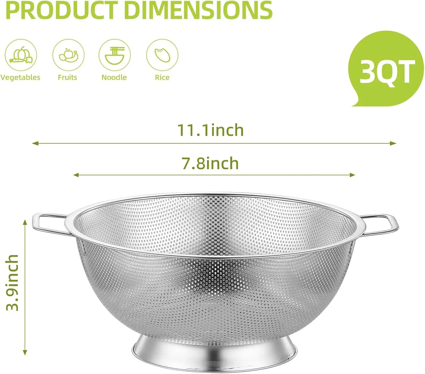 3Qt Metal Colander with Handle, Stainless Steel Strainer for Kitchen, Mesh Strainer for Washing Pasta, Spaghetti, Berry, Fruit,