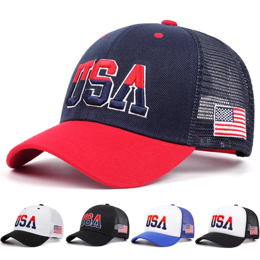 Cotton Mesh Hat USA Side Embroidered American Flag Fashionable Hip Hop Hat Outdoor Sunshade Hat Adjustable Baseball Hat