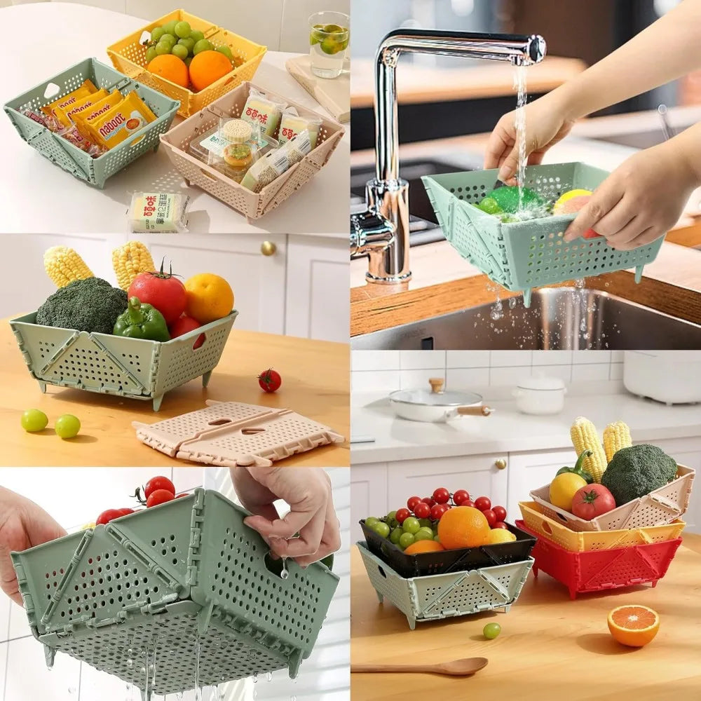 Thickened Collapsible multifunctional Strainers and Colander for Kitchen, Wash Foldable Storage Drain basket for Pasta, Fruit, V