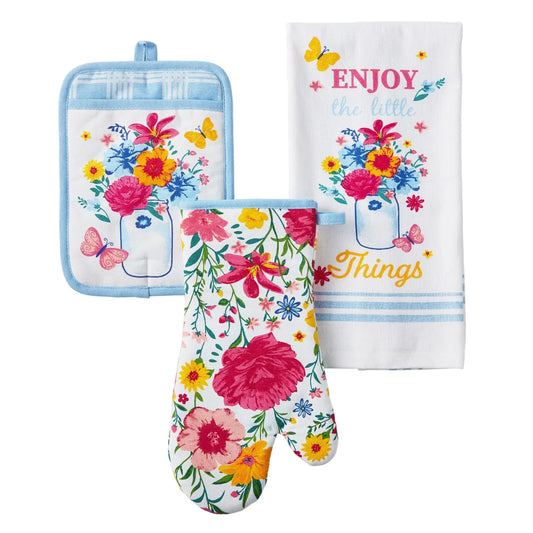 The Pioneer Woman Flowering Frontier Kitchen Towel, Oven Mitt & Pot Holder Set, Multicolor, 3 Pieces