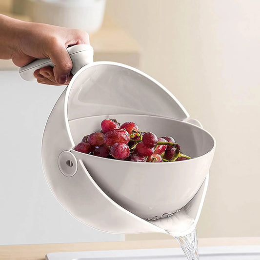 2 in 1 Kitchen Colander Set, Vegetable and Fruit Rotating Cleaning Colander with Handle, for Fruits Vegetables Pasta Noodles Was