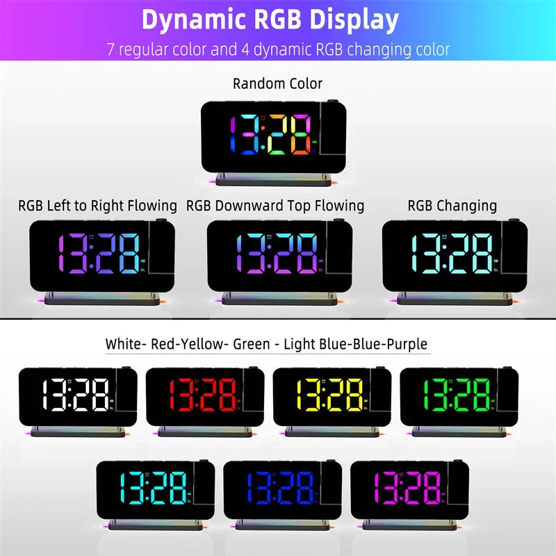 180° Projection Alarm Clock with RGB Mood Light FM Radio 6 Levels Volume Table Clock 12H/24H 2 USB Output Port LED Digital Clock