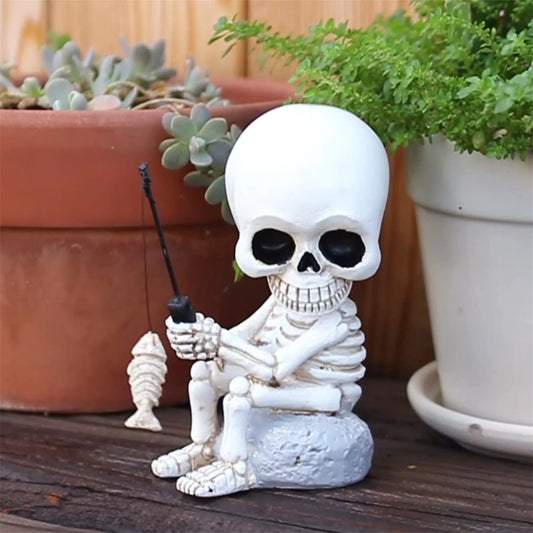 Spooky Halloween Skeleton Fisherman Figurine Day of The Dead Gothic Resin Statue for Outdoor Garden Decor