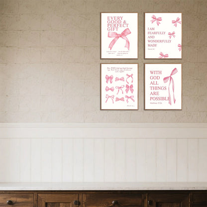 Set of 4 Elegant Bowknot Wall Art Pieces with Inspirational Quotes - Frameless Decor for Living Room Bedroom or Nursery