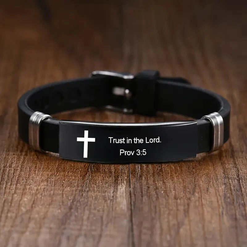 Cross Bible Verse Bracelet Black Stainless Steel Inspirational Bracelets