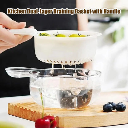 Kitchen Dual-Layer Draining Basket with Handle, Fruits and Vegetables Washing Draining Basket, Portable Multipurpose Draining Ba