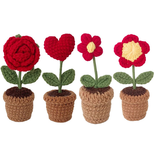 New Hand Knitting Potted Plants Handwoven Rose Sunflower Tulip Crochet Flower Bouquet Potted Ornament Table Home Room Decoration