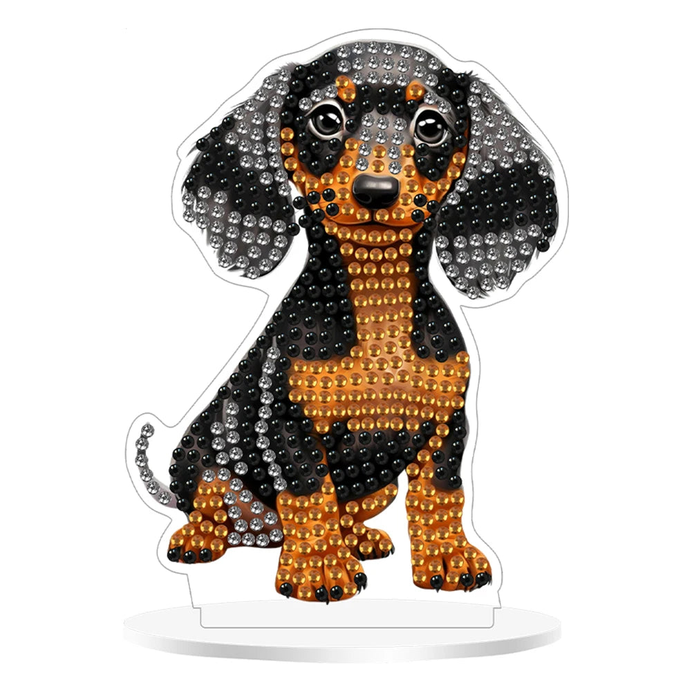 2Pcs Acrylic Special Shaped Cute Dachshund Diamond Painting Tabletop Ornaments Kit Desktop Diamond Art Kits for Table Decoration