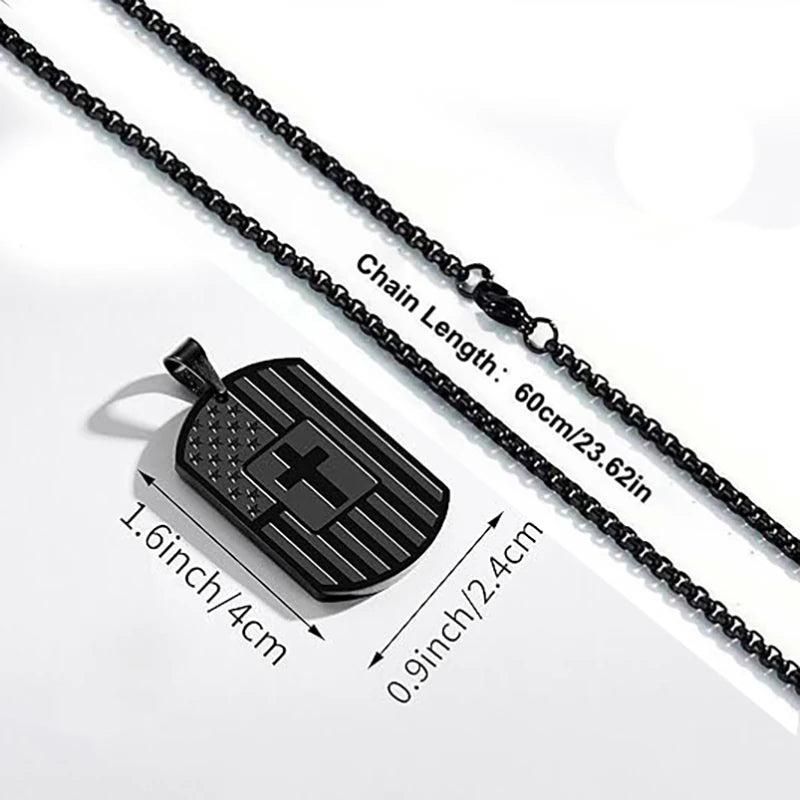 Stainless Steel USA Flag Bible Verse Cross Necklace