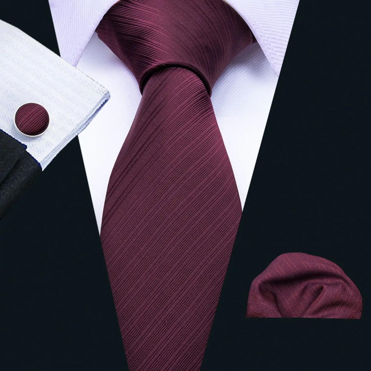 Designer Necktie Pocket Square Cufflinks Set Burgundy Striped