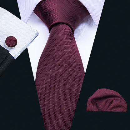 Designer Necktie Pocket Square Cufflinks Set Burgundy Striped