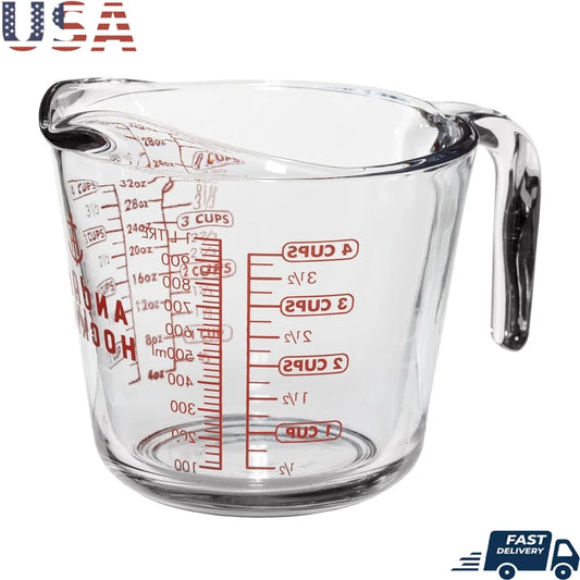Durable Glass Measuring Cup 4 Cup Microwave Dishwasher Safe Easy Read Red Markings Precision Cooking Baking and Mixing