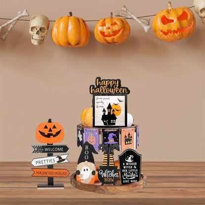 Spooky Halloween Tiered Tray Decor Set with Wooden Pumpkin and Bat Table Signs for Festive Home Party Table Display