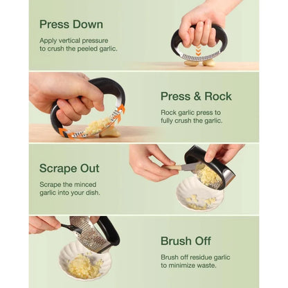 Garlic Press Rocker - Easy Squeeze Mincer & Crusher with Peeler, Effortless Kitchen Gadget for Fast Cooking, Dish Prep