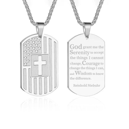 Stainless Steel USA Flag Bible Verse Cross Necklace