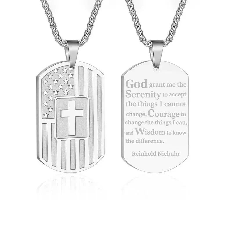 Stainless Steel USA Flag Bible Verse Cross Necklace