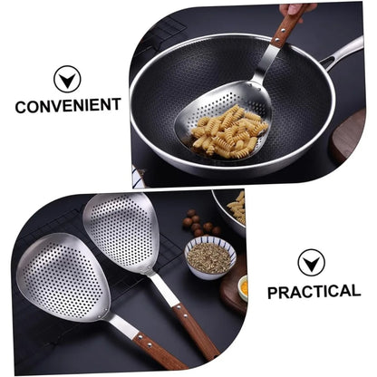 Stainless Steel Slotted Spoon Wooden Handle Food Serving Strainer for Hot Pot and Frying Kitchen Colander for Pasta and Oil Drai