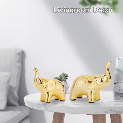 A Pair Golden Resin Elephant Sculpture Craft Elegant Elephant Trunk Sculpture Lucky Wealth Figurine Crafts Ornaments Home Decor