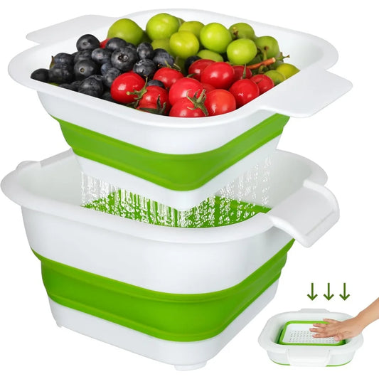 Collapsible Colander Set with Strainer Bowl, 2 in 1 Fruit Washing Basket with Strainer, 5 + 3 QT Plastic Colanders for Kitchen,