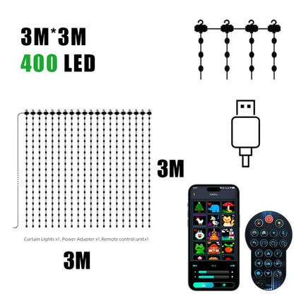 400LEDs Curtain Light String RGB String Lights APP Remote Control Music Sync USB Plug Curtain Light for Room Curtain Decorations