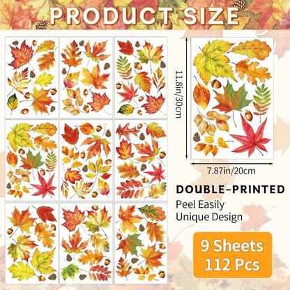 112 Pcs Fall Thanksgiving Window Clings Happy Thanksgiving Glass Window Decorations with Autumn Maple Leaves Stickers and Decal