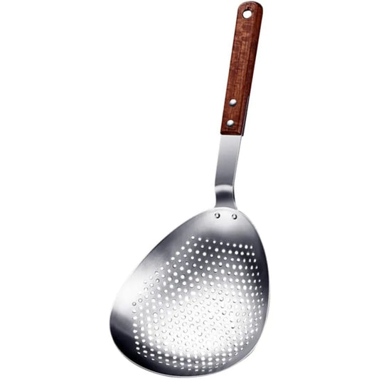 Stainless Steel Slotted Straining Colander Wooden Handle Kitchen Frying Strainer for Dumplings Pasta and Vegetables Sturdy Cook