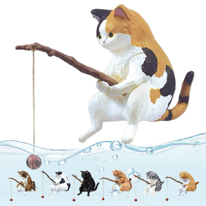 7PCS Cute Fishing Cats Ornament Mini Cat Sitting Figurines Cartoon Fish Landscaping Fish Tank Miniatures Home Decoration Crafts