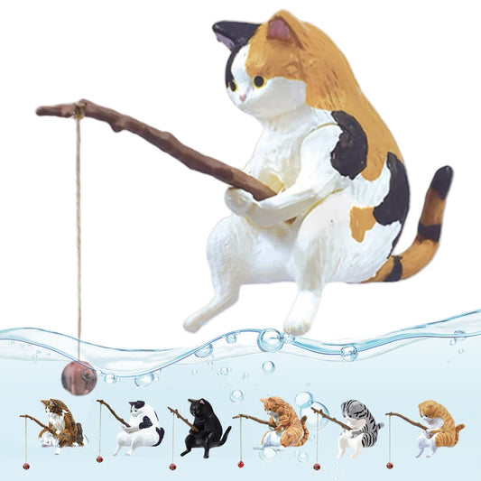 7PCS Cute Fishing Cats Ornament Mini Cat Sitting Figurines Cartoon Fish Landscaping Fish Tank Miniatures Home Decoration Crafts