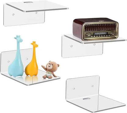 4 Pack Small Wall Shelf, 4'' Acrylic Wall Shelves Display Ledges for Storage & Decoration, Small Floating Shelf for Wall with 2