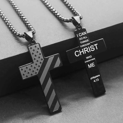 Stainless Steel Necklace USA Flag Cross Bible Verse