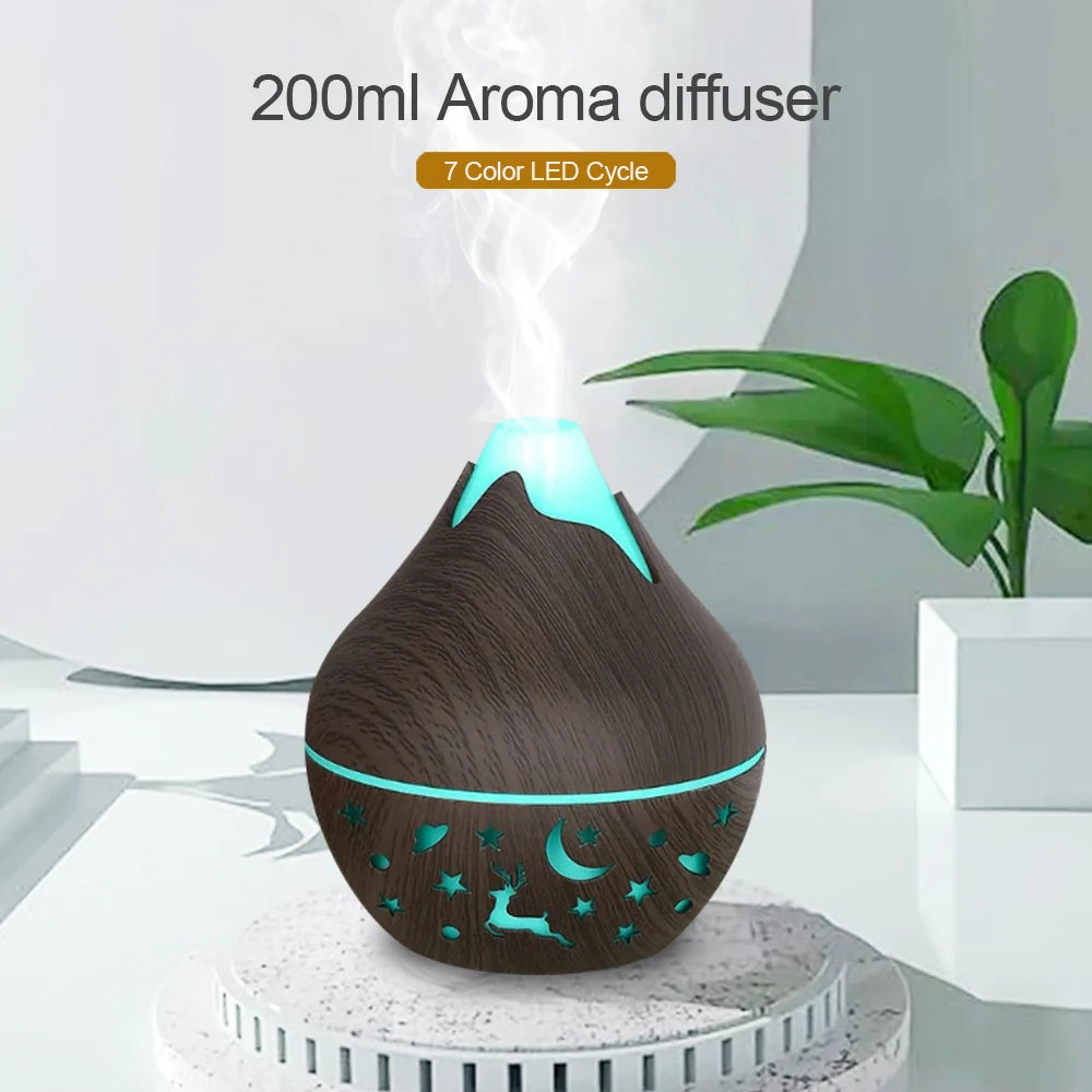 200ML USB Air Humidifier Electric Aroma Diffuser Mist Wood Grain Oil Diffuser have 7 LED Light Humidifier and two bottles of ess