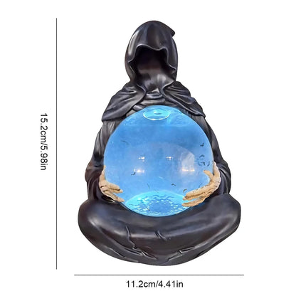 Halloween Gothic Reaper Crystal Ball Grim Reaper Statue with Floating Bats Scary Magical Glowing Balls Home Atmosphere Decor
