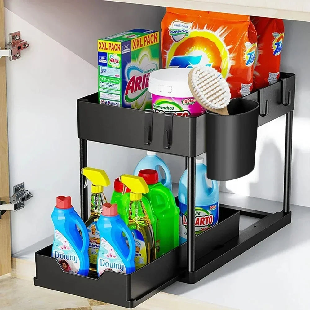 Under Sink 2 Tier Sliding Cabinet Basket Organizer Storage Rack with Hooks Hanging Cup Bathroom Multifunctional Storage Rack