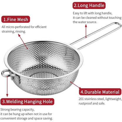Stainless Steel Colander Fine Mesh Colander with Long Handle, Kitchen Metal Food Strainers with Resting Feet for Strain, Rinse,