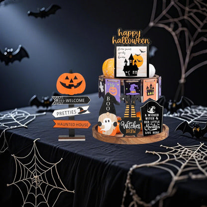 Spooky Halloween Tiered Tray Decor Set with Wooden Pumpkin and Bat Table Signs for Festive Home Party Table Display