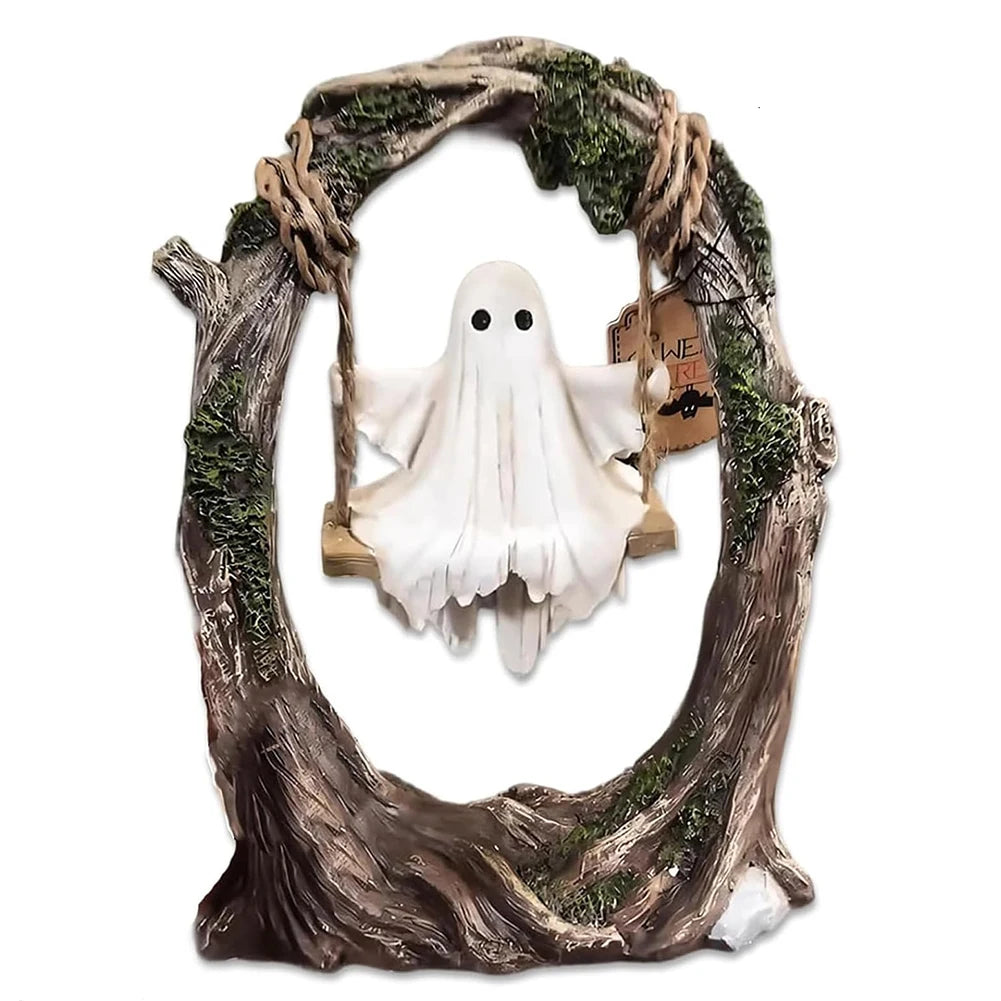 Ghost on Tree Swing Statue Resin Small Ghost Figurine Multi-Purpose Lovely Ghost Decorations for Desktop Bookshelf Decor