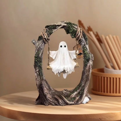 Ghost on Tree Swing Statue Resin Small Ghost Figurine Multi-Purpose Lovely Ghost Decorations for Desktop Bookshelf Decor