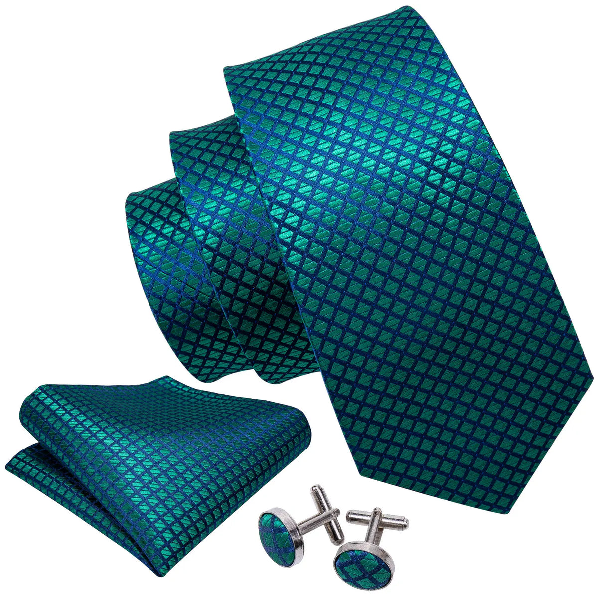 Blue-Green Plaid Tie Handkerchief Cufflinks Set