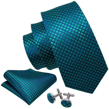 Blue-Green Plaid Tie Handkerchief Cufflinks Set