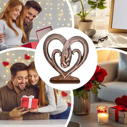 Valentines Day Gift Heart Holding Hands Art Sculpture Desk Decoration Wooden Retro Flat Heart Holding Hands Statue Forever Love