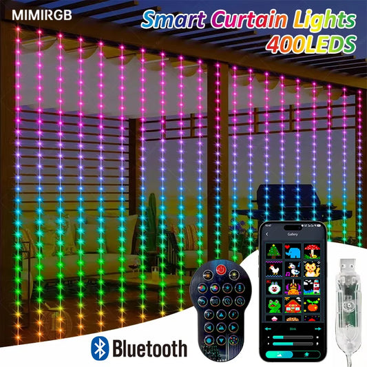 Smart Curtain Lights Bluetooth App Control RGB LED String Waterproof Fairy Light USB DIY Text Pattern Display Halloween Decor