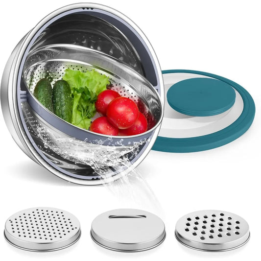 E-far Colander with Mixing Bowl Set, 4-1 Stainless Steel Colander Strainers Bowl with Graters for Kitchen, Rotatable Food Strain