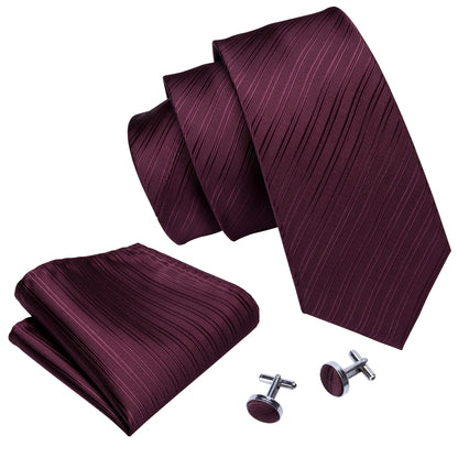 Designer Necktie Pocket Square Cufflinks Set Burgundy Striped